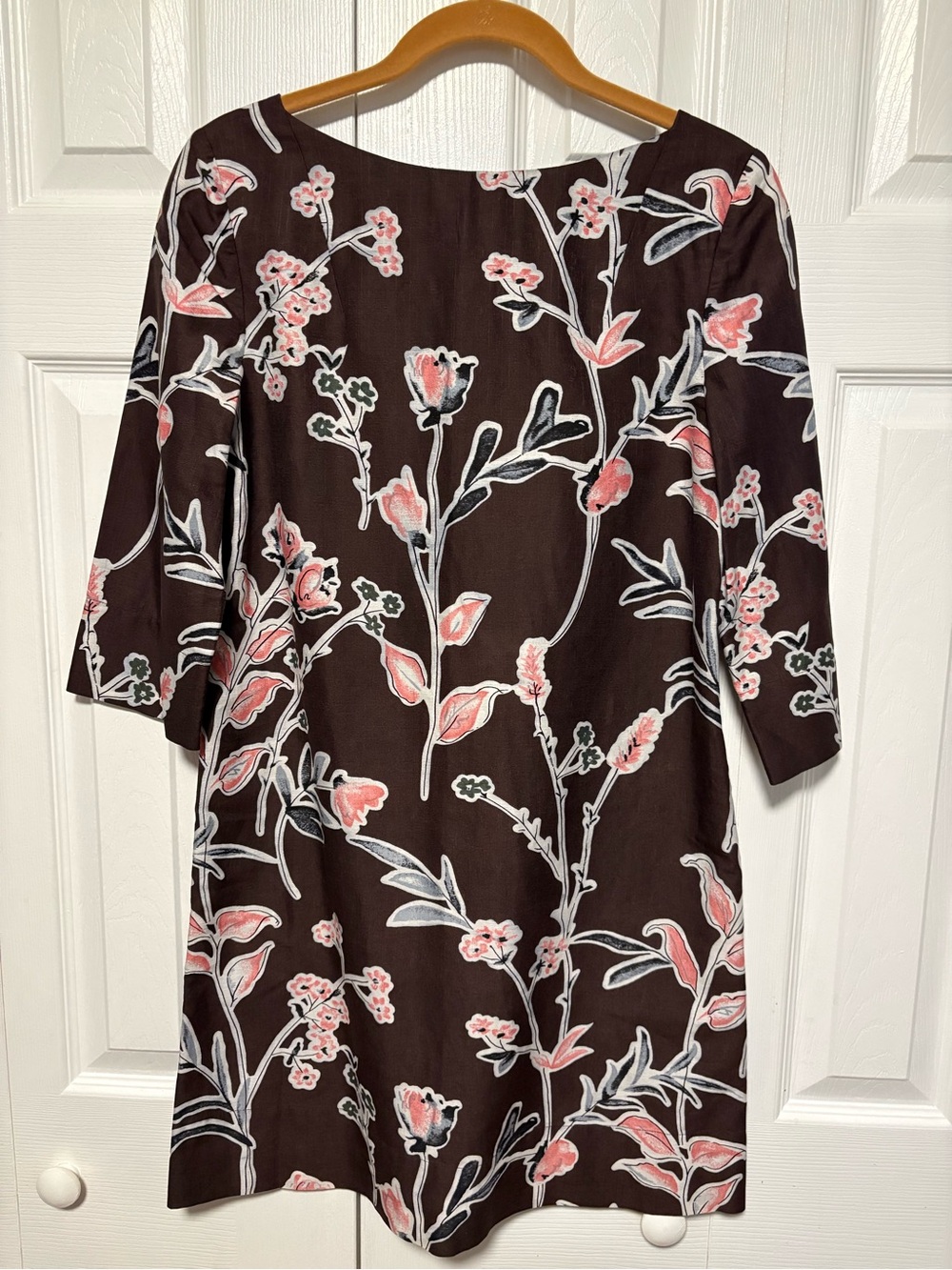 Marni Floral Print Shift Dress in Chocolate Brown and Pink Floral Print